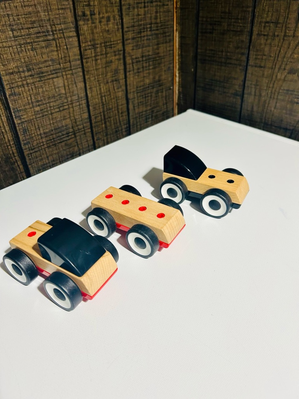 IKEA Wooden Toy Car Trio in Natural Wood, Black & Red